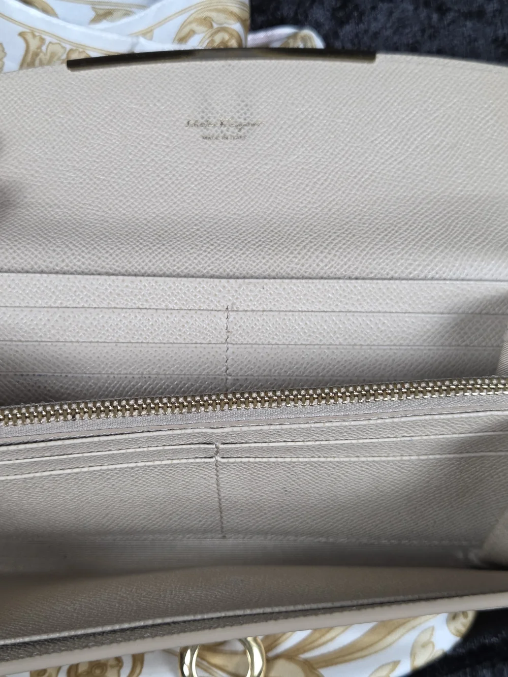 Salvatore Ferragamo Beige Leather Chain Clutch with Gold Hardware